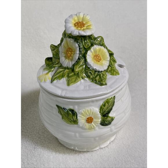 Lefton RUSTIC DAISY #3858 Embossed Daisies Yellow Accents JAM /JELLY & LID - Picture 1 of 8